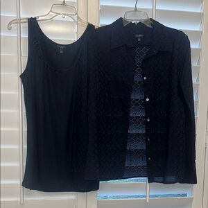 🛍 Talbots Navy Blue Eyelet Shirt & Tank Top Set - Size L